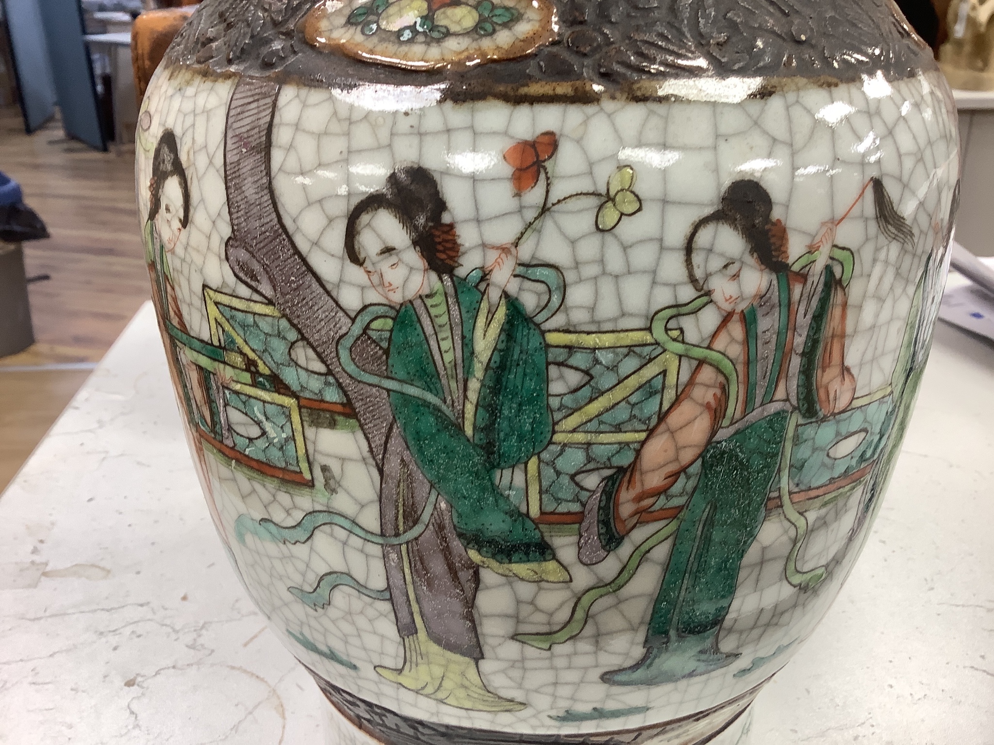 A Chinese famille verte crackleware vase, late 19th century, height 35.5cm